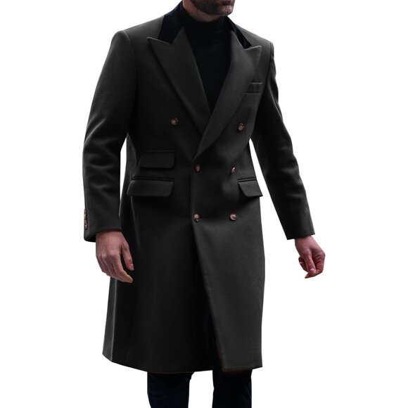 💫 Men Black Long Trench Coat Double Breasted Casual Lapel Winter